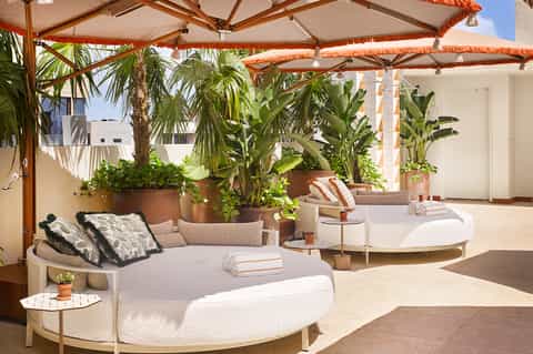 Rooftop terrace with lounge seating, umbrellas, potted plants and ocean view in background