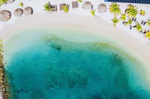 Aerial view of white sand beach with palm umbrellas and turquoise water