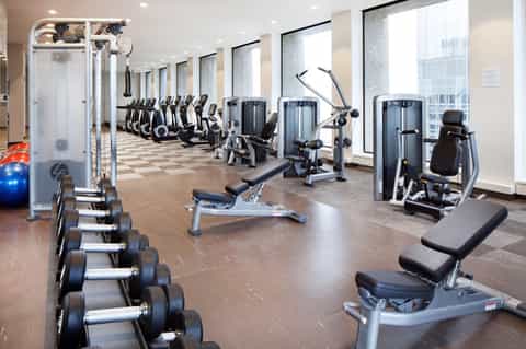 High-rise fitness center with rows of exercise bikes, dumbbells, machines, and city window views