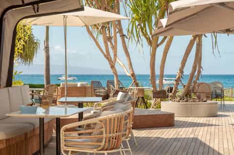 Beachfront terrace with wooden loungers, cream umbrellas, and ocean view through palm trees