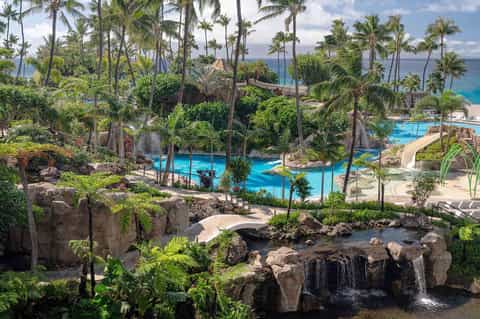 Tropical resort pool complex with turquoise water, palm trees, rocky landscaping, and ocean view