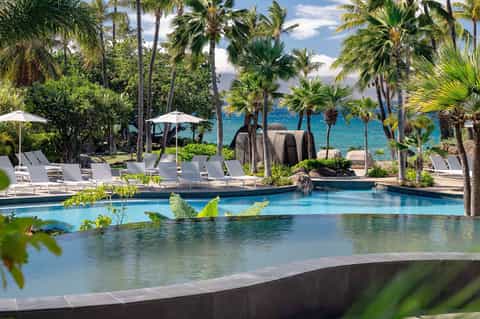 Luxury resort pool surrounded by palm trees with ocean views