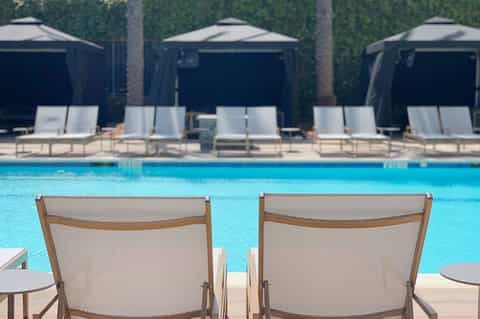 Resort pool with white loungers and umbrellas backed by hedge wall and palm trees