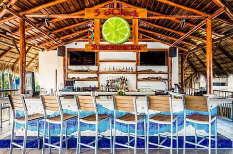 Beachfront tiki bar with wooden roof, blue tile detail, white bar counter, and lime logo