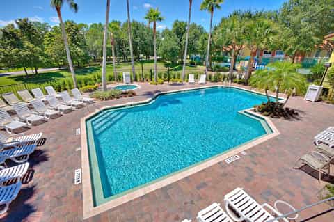 Resort swimming pool surrounded by lounge chairs, tropical palms, and manicured landscaping