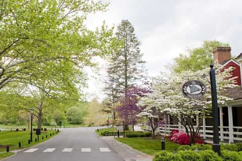 Tree-lined driveway with white fence and blooming flowers at country inn