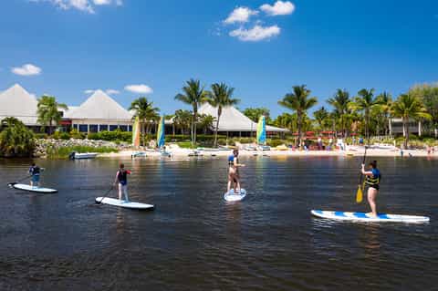 Waterfront activity center with paddle boarders, white tent structures, and palm tree landscape