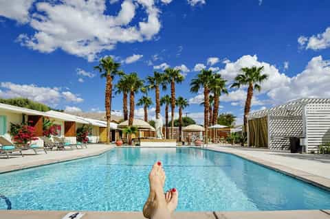 Resort rectangular swimming pool with lounge chairs, palm trees, and blue sky with white clouds