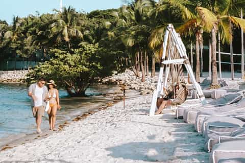 Couple walking along private beach with palm trees and white lounge chairs