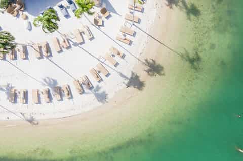 Aerial view of pristine white sand beach with lounge chairs and palm trees lining turquoise water
