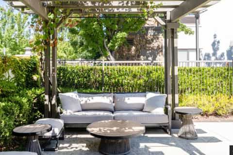 Modern pergola with gray sofa, round coffee table, and lush green privacy screening