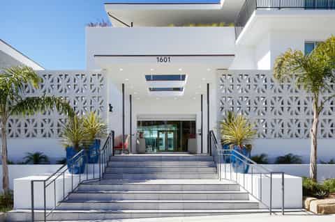 Modern white building entrance with geometric wall patterns, palm trees, and blue accents