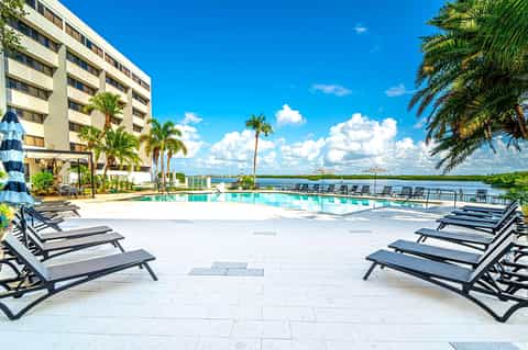 Waterfront resort pool with loungers, palm trees, and multi-story hotel building