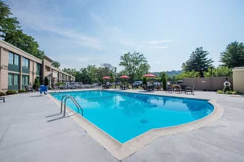 Kidney-shaped outdoor swimming pool with resort buildings and landscaped grounds