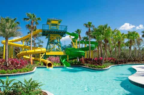 Colorful waterslides at resort with palm trees, landscaping, and turquoise pool