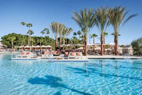 Resort pool surrounded by palm trees, umbrellas, lounge chairs, and desert landscaping under clear sky