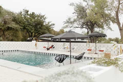 Resort pool with white privacy fence, black umbrellas, loungers, and mature trees surrounding