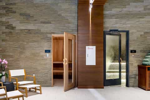 Spa entrance with wooden sauna doors, stone accent wall, and minimalist modern design