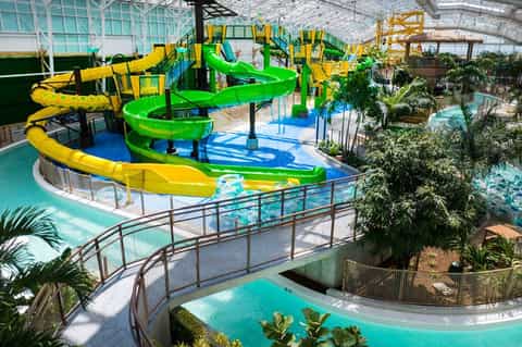 Indoor water park with yellow and green spiral slides and tropical plants