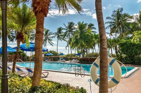 Resort pool surrounded by palm trees with blue umbrellas and lounge chairs