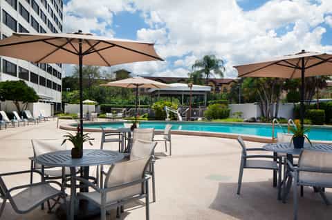 Resort pool deck with lounge chairs, umbrellas, and landscaped grounds near high-rise building