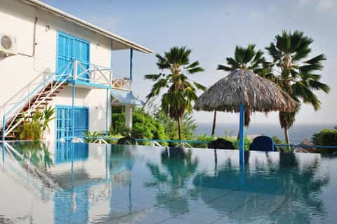 Infinity pool overlooking ocean with palm trees, thatched umbrella, and white resort building