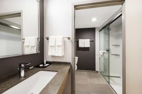 Modern bathroom with double vanity, walk-in shower, and neutral earth-tone finishes