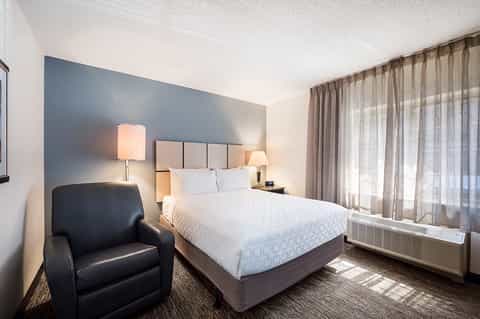 Contemporary hotel bedroom with queen bed, blue accent wall, dark leather chair, and floor-to-ceiling windows