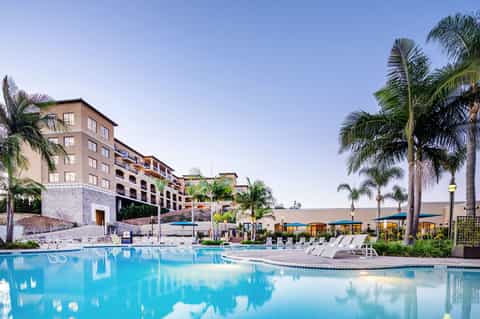 Resort-style pool with crystal-clear water, lounge chairs, palm trees, and multi-story hotel building under clear sky