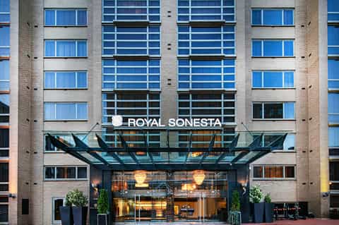 Brick hotel facade with blue-tinted glass windows and Royal Sonesta illuminated signage entrance