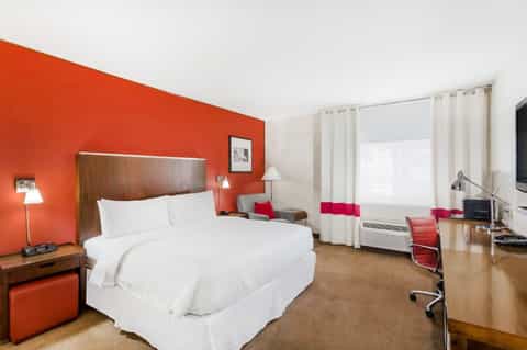 Hotel bedroom with orange accent wall, wood headboard, white bedding, and contemporary furnishings