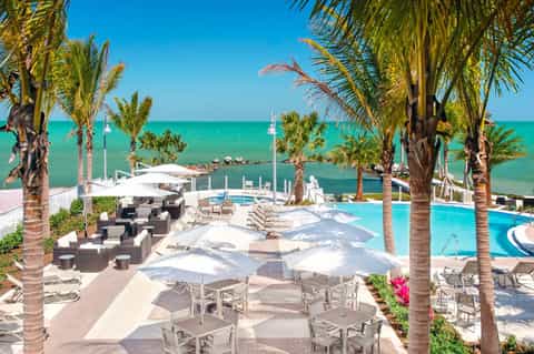 Beachfront resort pool with palm trees, white umbrellas, and turquoise ocean view