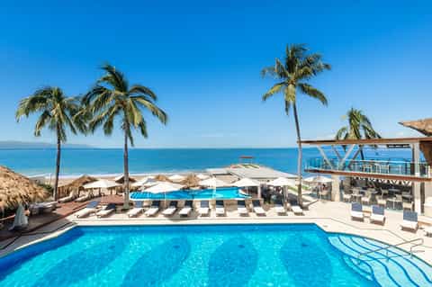 Beachfront resort pool overlooking turquoise ocean with palm trees and loungers