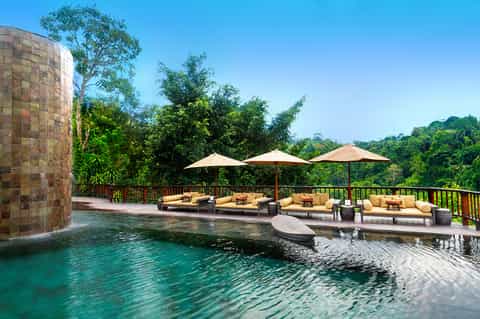 Luxury resort pool overlooking lush jungle with tan lounge chairs and umbrellas