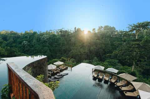 Infinity pool overlooking lush jungle canopy with sun rising through dense tropical forest