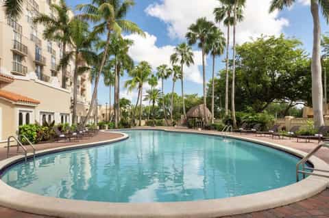 Resort pool area with curved edge, palm trees, landscaping, and multi-story hotel building