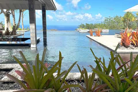 Tropical resort lagoon pool with concrete pillars, palm trees, red tropical flowers, and ocean view under blue sky