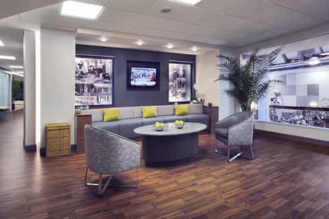 Hotel lobby with navy accent wall, comfortable gray seating arrangement, and contemporary decor
