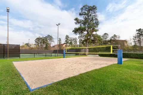 Outdoor sand volleyball court with bright blue net frame, tennis courts, and pine trees in background