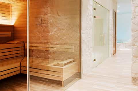Luxury spa bathroom with sauna, glass shower enclosure, and marble accents