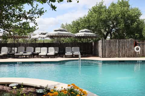 Turquoise resort pool with lounge chairs and umbrellas, surrounded by wooden fence and lush green trees