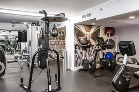 Modern fitness center with cardio equipment, dumbbells, and mirrored walls