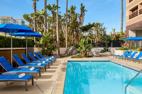Resort pool with blue lounge chairs, umbrellas, and palm trees under clear sky
