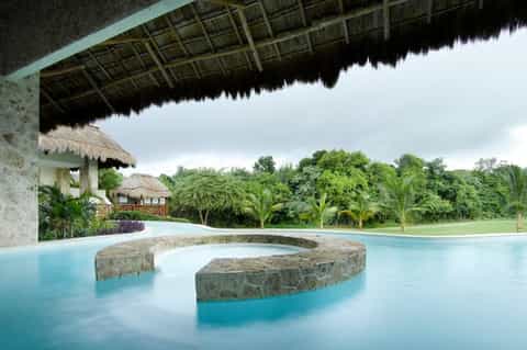 Luxury resort infinity pool with curved stone features, thatched-roof pavilion, and lush tropical landscape