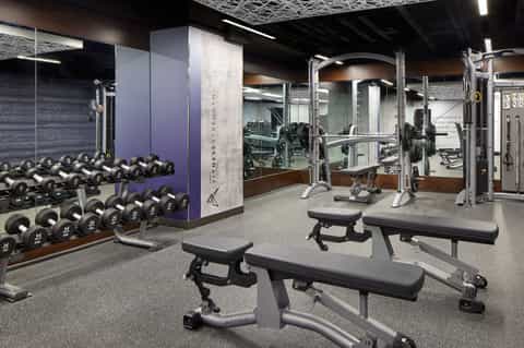 Modern fitness center with dumbbells, weight benches, and strength training equipment