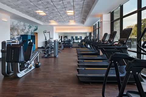 Modern fitness center with rows of treadmills, exercise bikes, and gym equipment with large windows