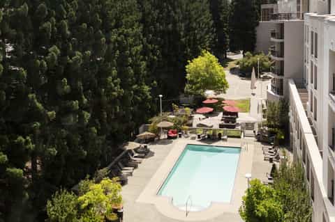 Aerial view of resort courtyard with pool, lounge chairs, umbrellas, and cypress trees