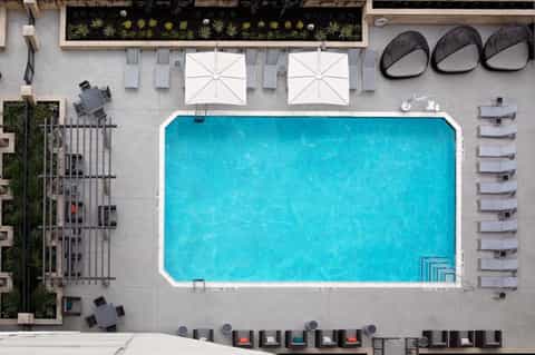 Aerial view of rectangular swimming pool surrounded by lounge chairs and umbrellas on concrete deck
