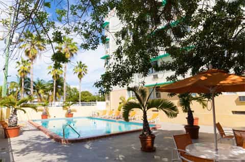 Resort pool surrounded by palm trees with yellow lounge chairs and tan umbrellas under clear sky