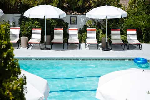 Resort pool area with striped lounge chairs, white umbrellas, and palm trees